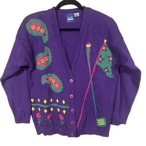 Vintage‎ EP Pro Golf Cardigan Sweater Women M Purple Paisley Clubs 80s 90s HK